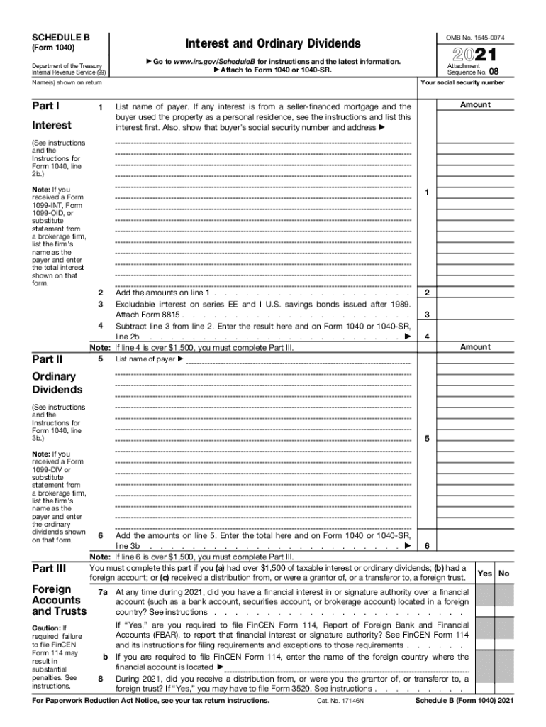 Schedule B Form 1040 Internal Revenue Service Fill Out 2021