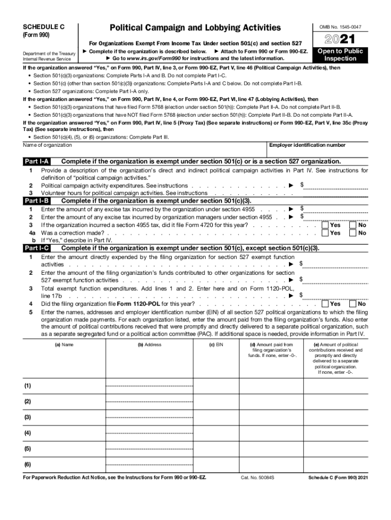  Schedule C Form 990 Political Campaign and Lobbying Activities 2021