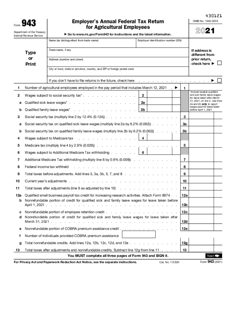  Form 943 Employer's Annual Federal Tax Return for 2021