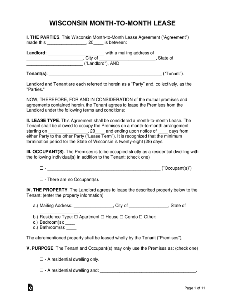 Wisconsin Month to Month Lease Agreement Legal Forms