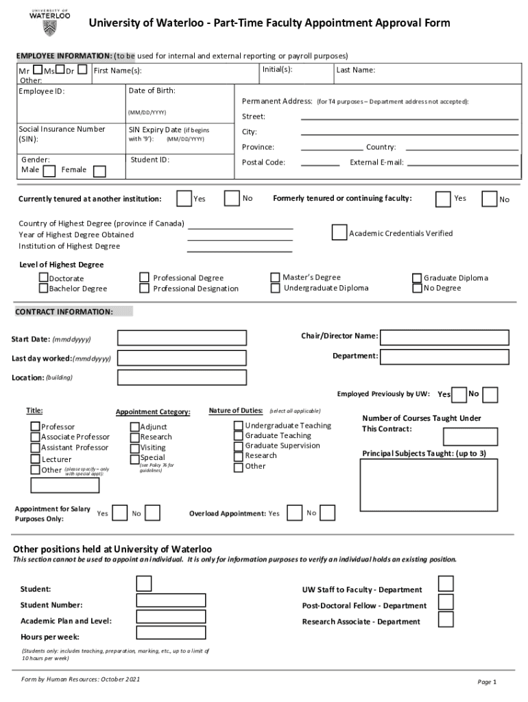 Non Faculty Appointment Approval Form University of Waterloo