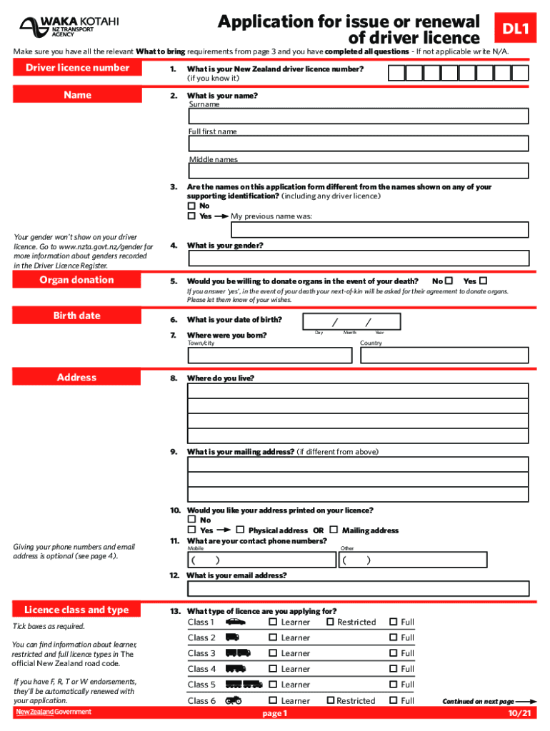 DL1 Application for Issue or Renewal of Driver Licence  Form