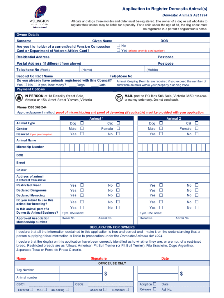  Application to Register Domestic Animals Domestic 2020-2024