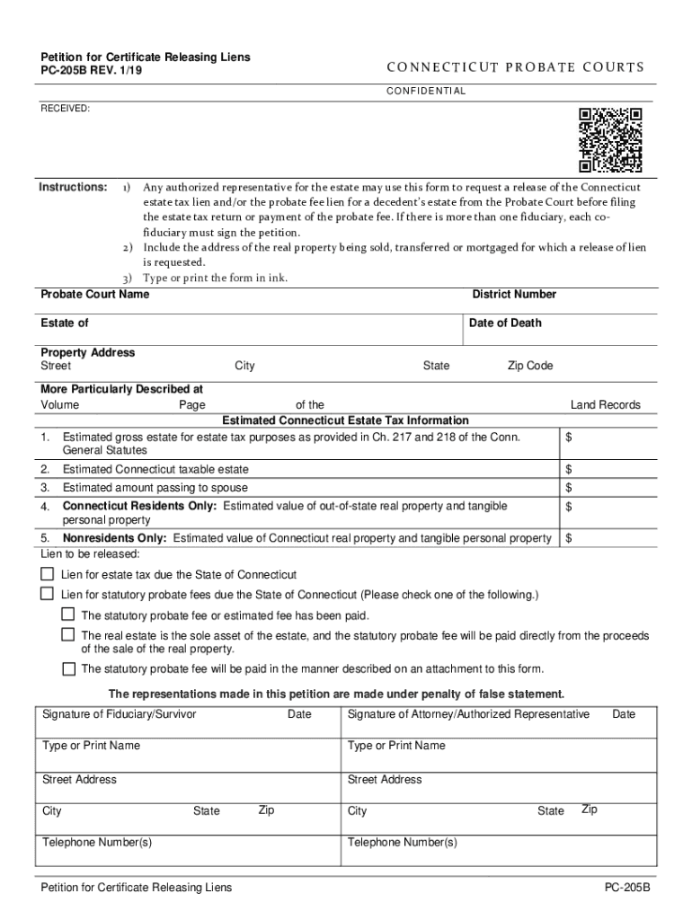  Petition for Certificate Releasing Connecticut Probate Fee 2019-2024