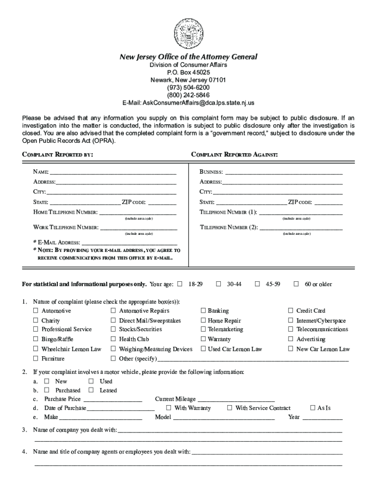 Form NJ Office of the Attorney General Complaint Fill