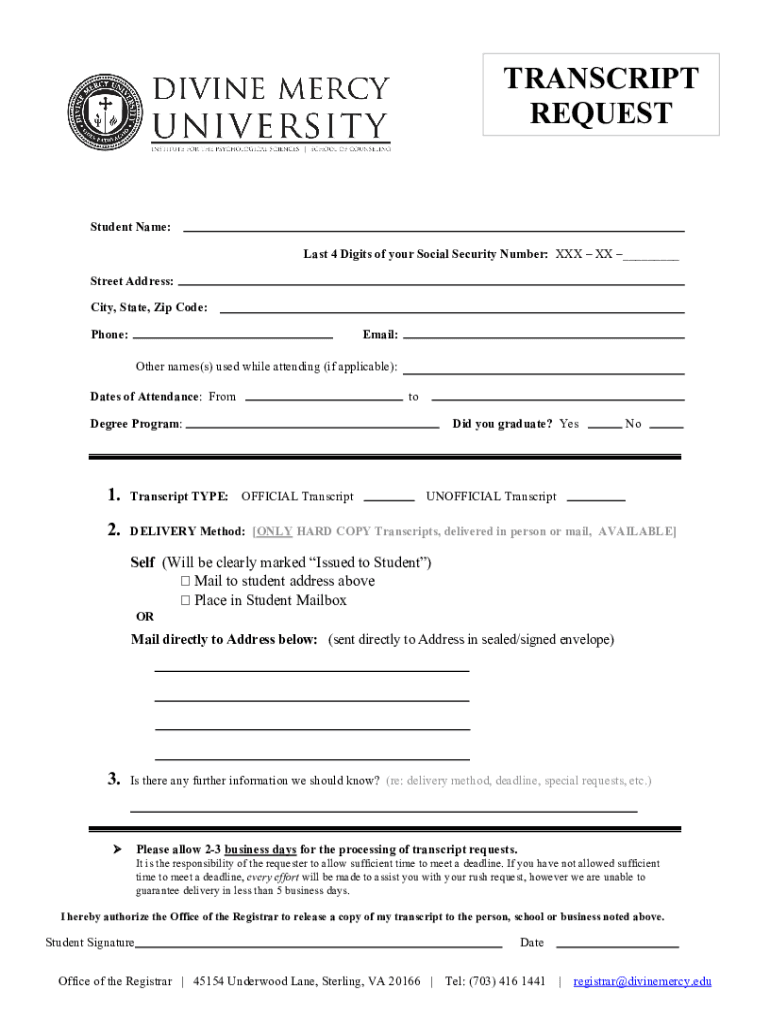 Transcript Request Form Home Divine Mercy University