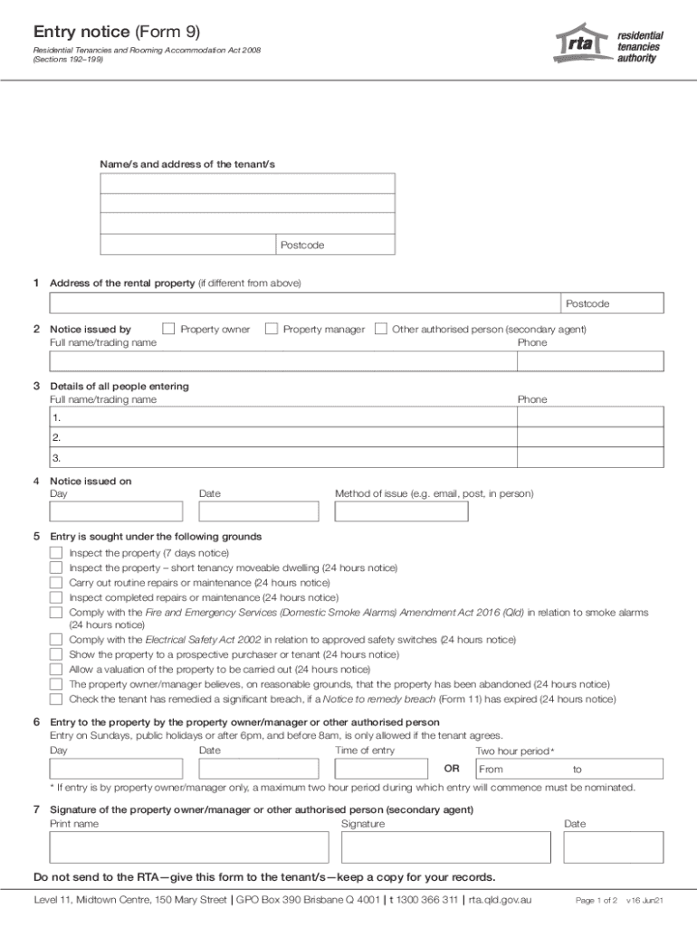 Rta Entry Notice Form9 Blank PDF Reset Form Print Form