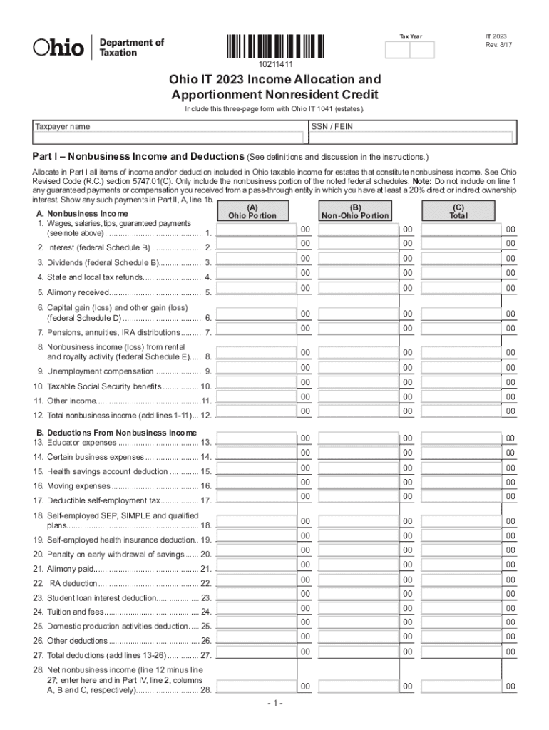  Ohio it Income Allocation and Apportionment Nonresident Credit 2017-2024