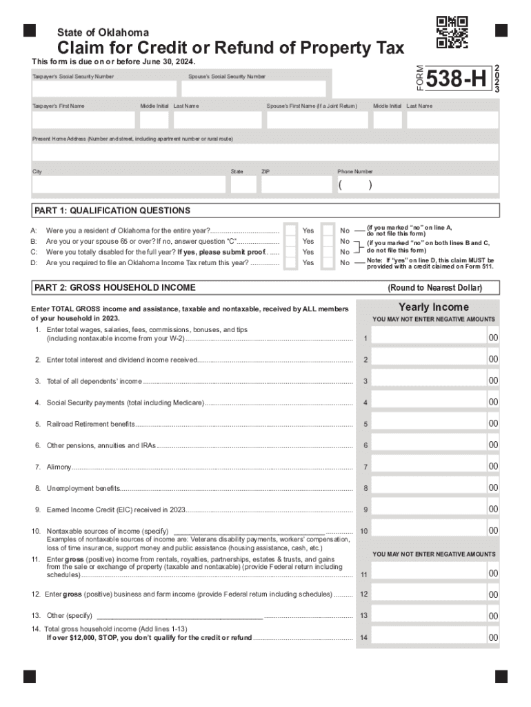  Form 538 H Claim for Credit or Refund of Property Tax 2023-2024