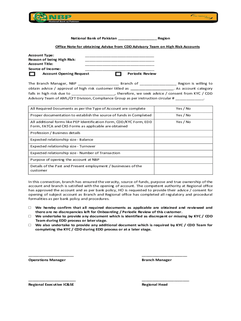 National Bank of Pakistan Region Office Note for Obtaining  Form