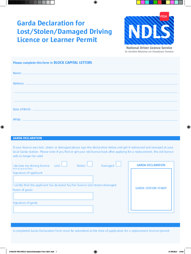 Garda Declaration of Lost Stolen Licence  Form