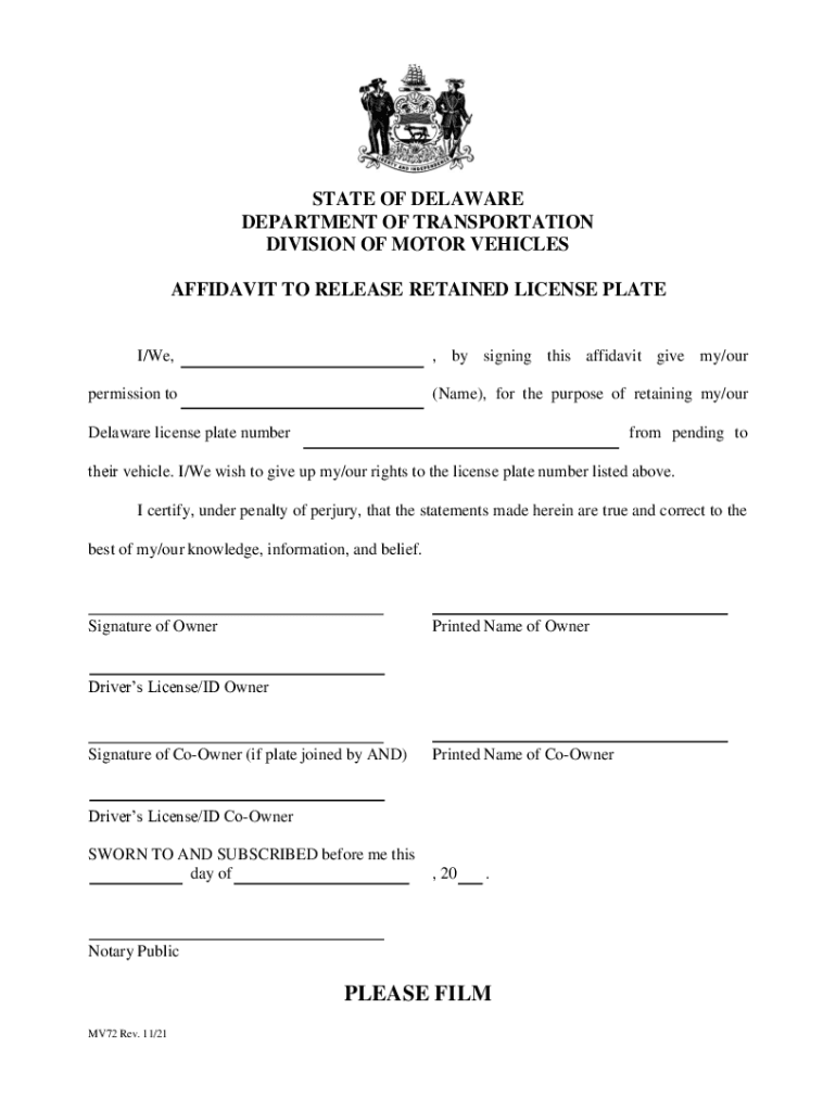  Form MV71 &amp;quot;Affidavit for License Plate Switch&amp;quot; Delaware 2021-2024