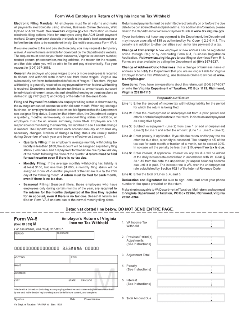  Form VA 5 Employers Monthly Return of Virginia Income Tax 2021-2024