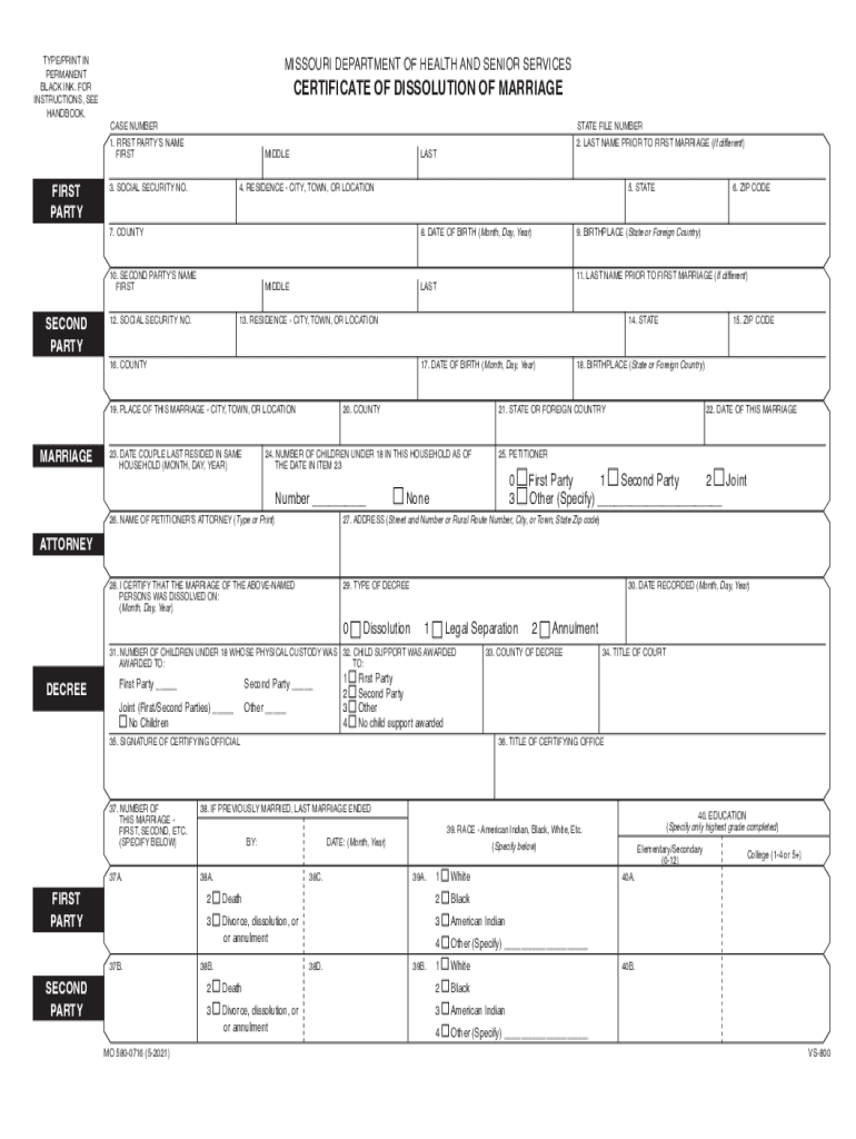 TYPEPRINT MISSOURI DEPARTMENT of HEALTH CERTIFICATE of  Form