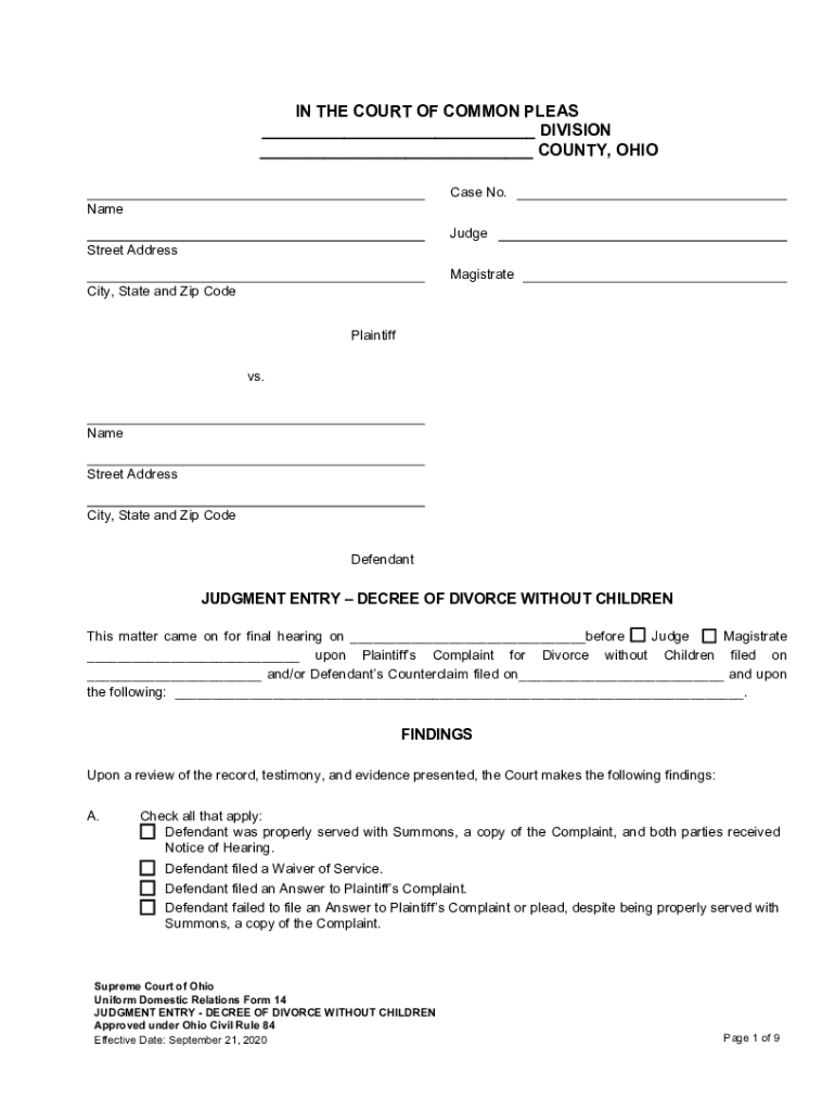 Uniform Domestic Relations Form 14 Judgment Entry Decree of Divorce Without Children