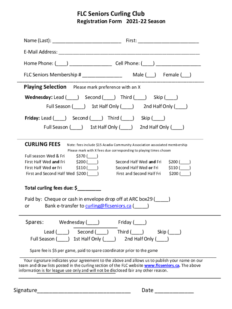 FLC Seniors Curling Club Registration Form 22 Season