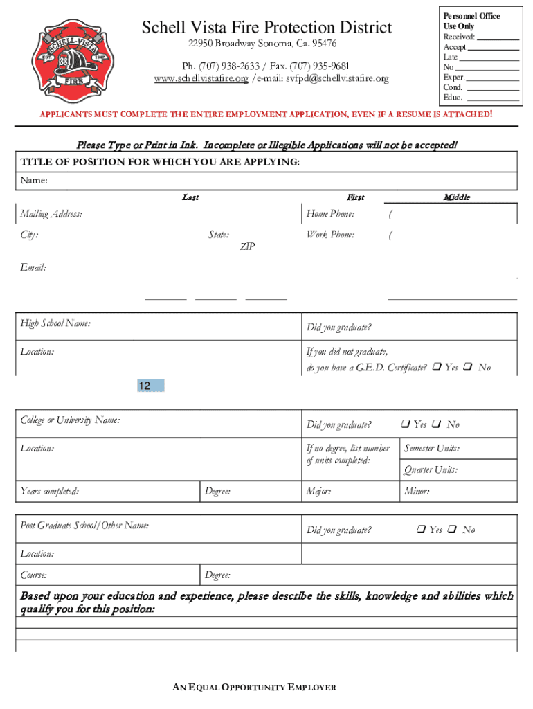 Personnel Office Schell Vista Fire Protection District Use  Form