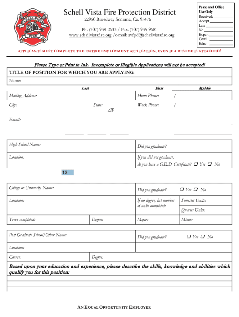 Personnel Office Schell Vista Fire Protection District Use Form
