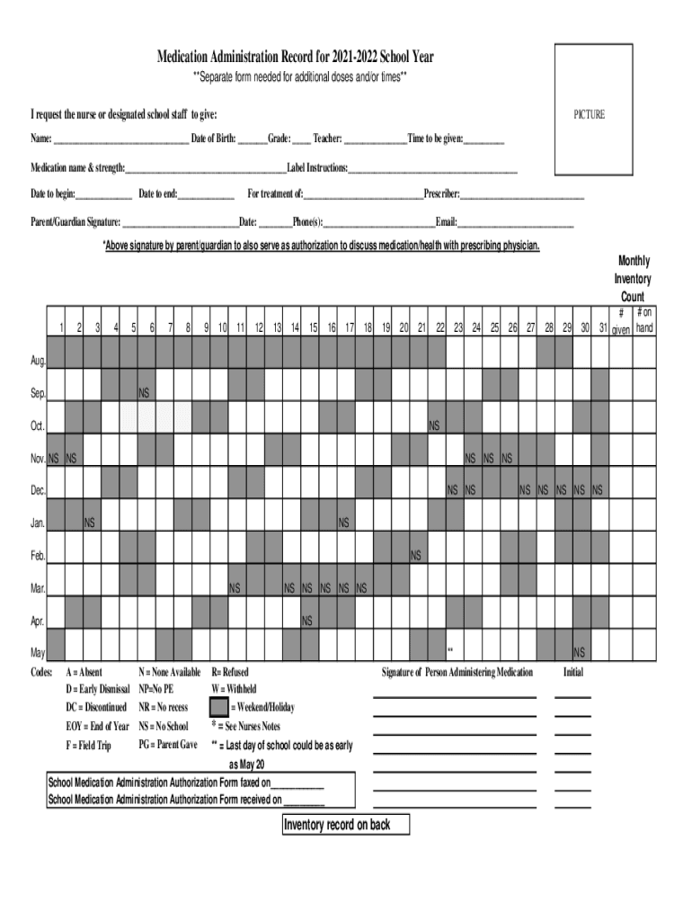 Medication Administration Record for School Year  Form