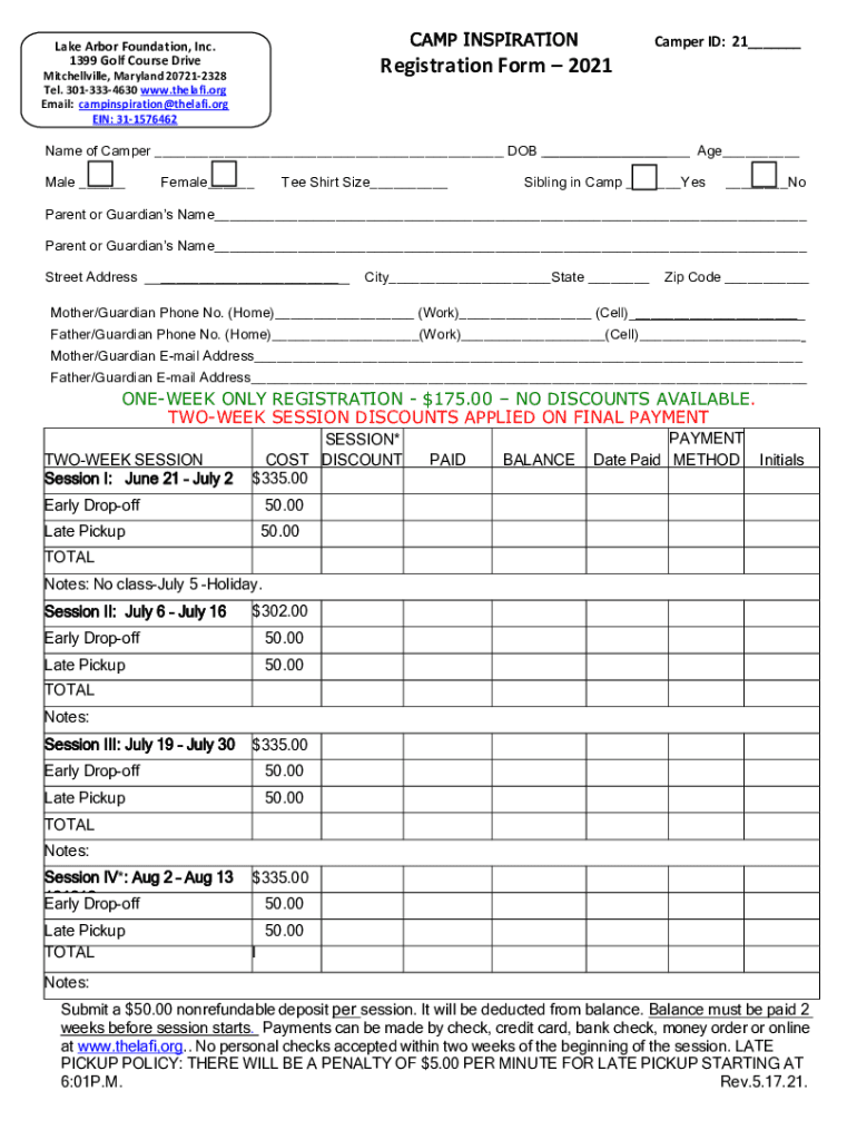 Lake Arbor Foundation, Inc CAMP INSPIRATION Thelafi Org  Form