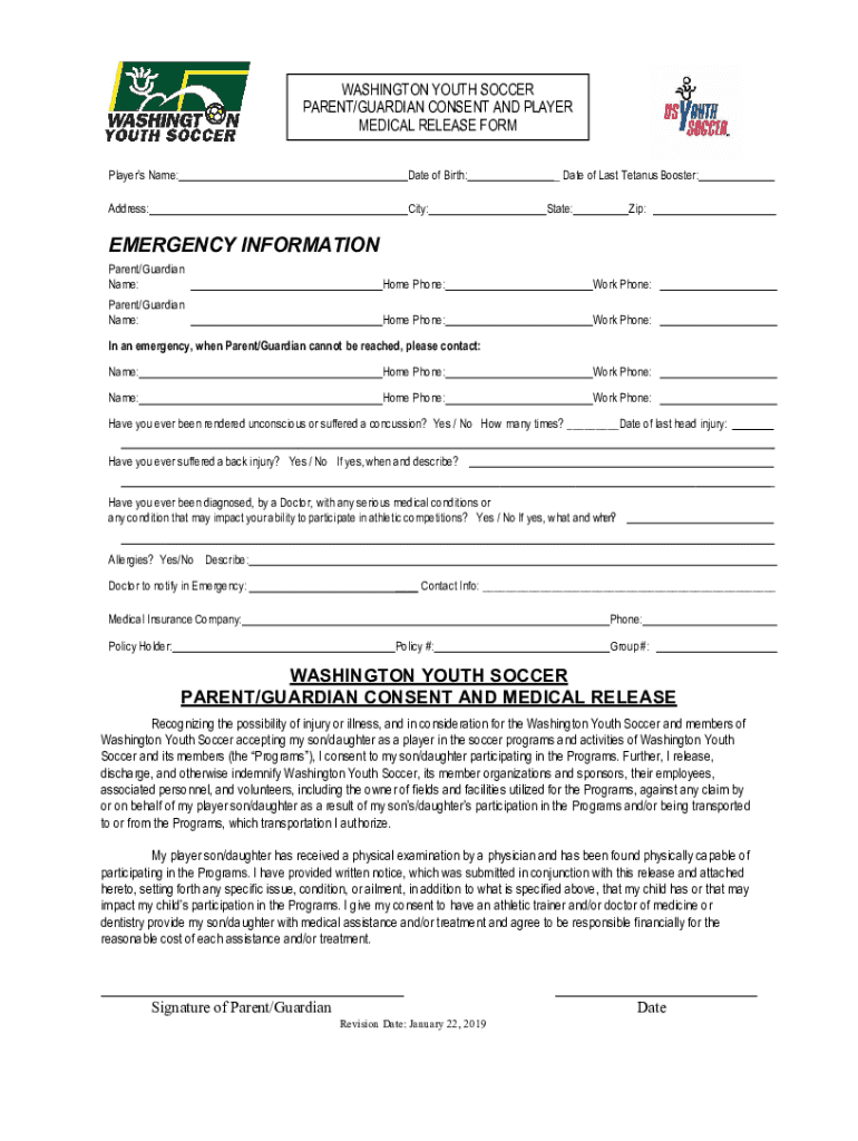Washington Youth Soccer Medical Release Form