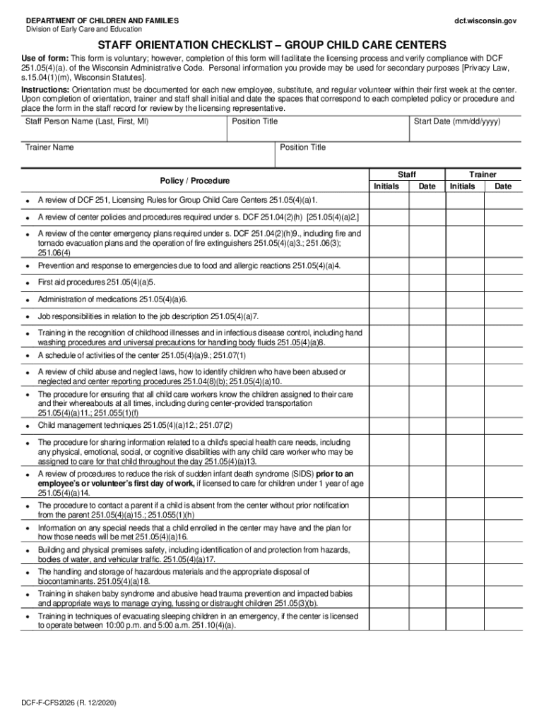  Staff Orientation Checklist Group Child Care Centers, CFS 2026 Child Care Licensing 2020