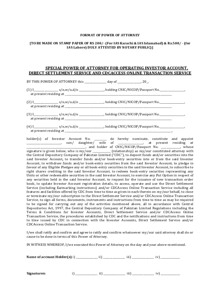 Pakistan Format Power Attorney