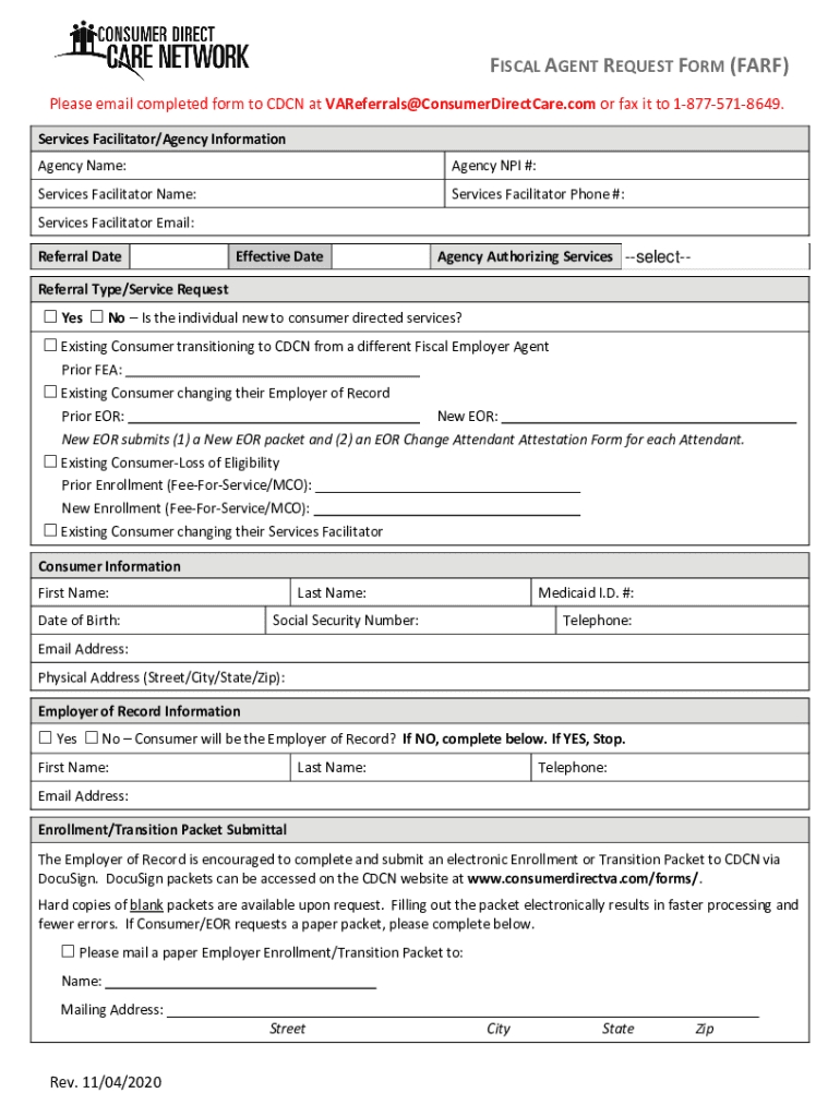  FISCAL AGENT REQUEST FORM FARF 2020-2024