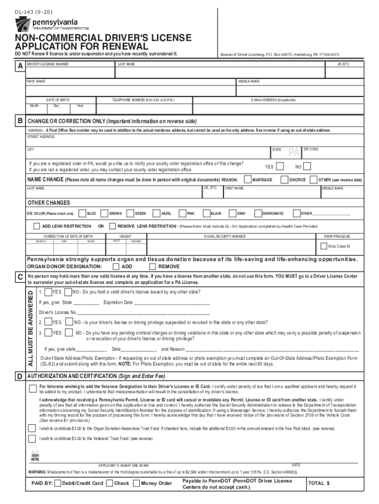  PDF Non Commercial Driver's License Application for Renewal PennDOT 2020