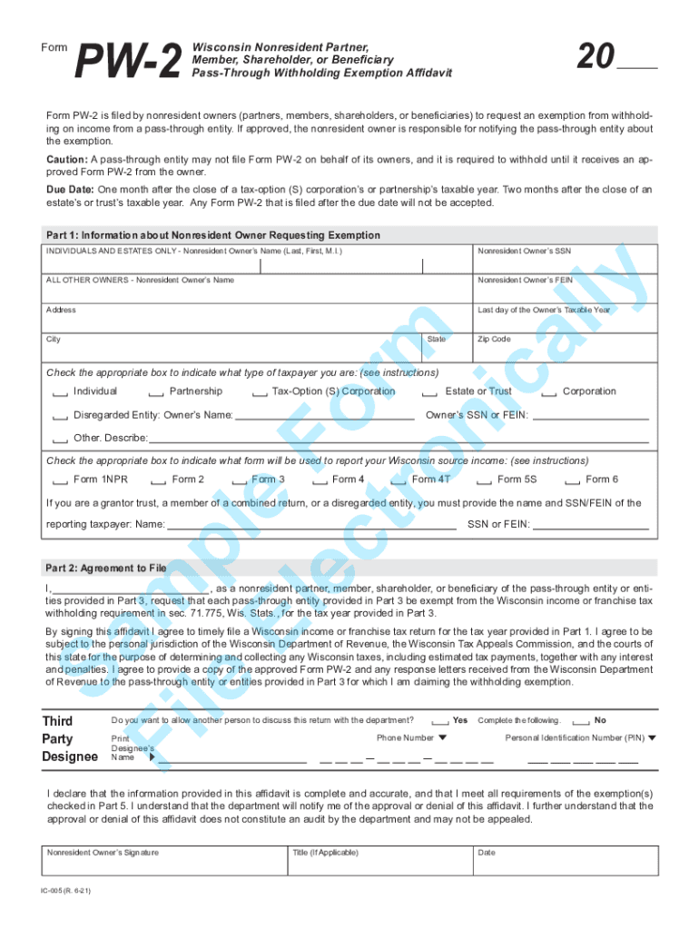  Www Revenue Wi GovPagesTaxProDOR Reminder Form PW 2 Pass through Entity Withholding 2021-2024