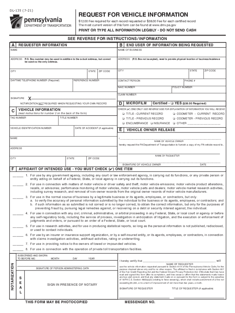 Www Dot State Pa UsPublicDVSPubsFormsPennDOT Request for Vehicle Information