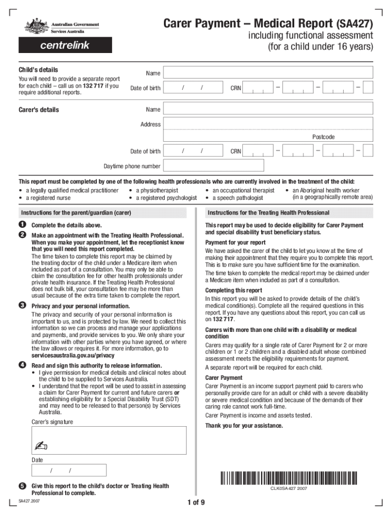 Carer Payment Medical Report SA427  Form