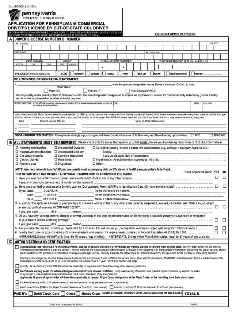 Form DL 180RCD &amp;quot;Application for Pennsylvania Commercial