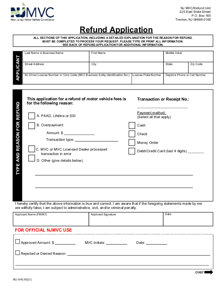 PDF Refund Application NJ Gov  Form