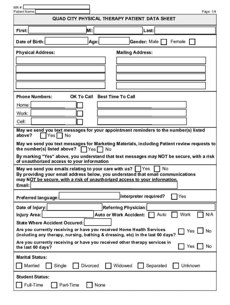 Fillable Online GREEN OAKS PHYSICAL THERAPY PATIENT DATA  Form