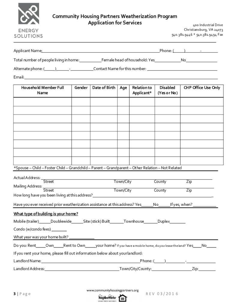 Energy Solutions WeatherizationCommunity Housing Partners  Form