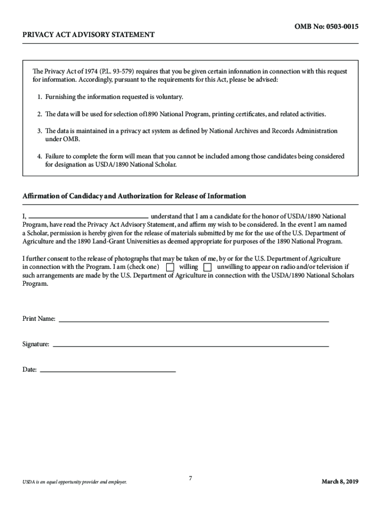 Usda 1890 National Scholars Program Application  Form