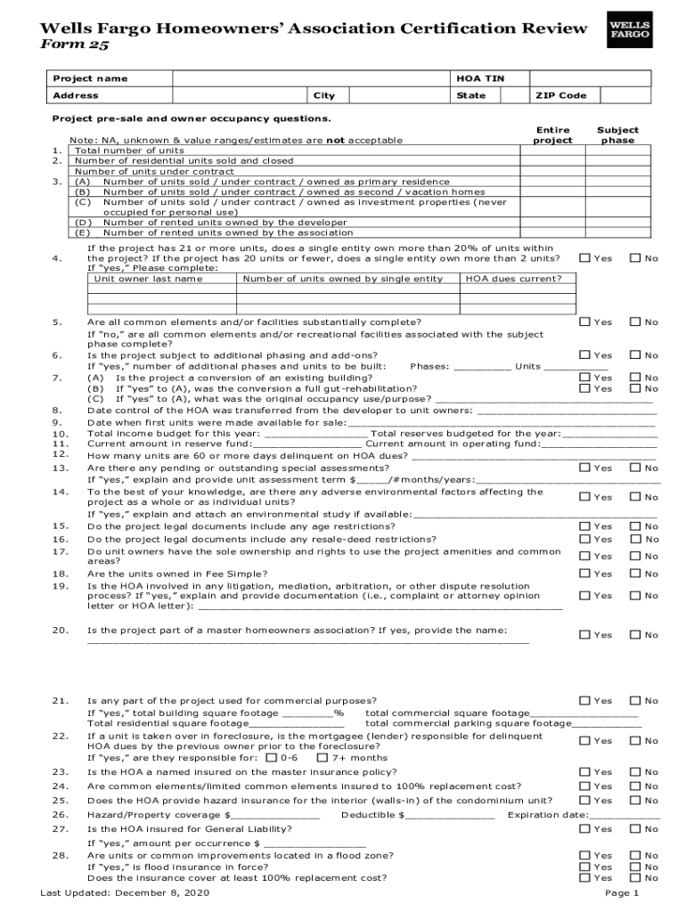 Wells Fargo Homeowners Association Certification Review  Form