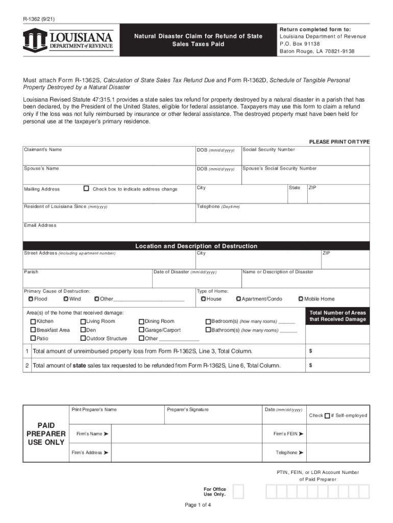  Natural Disaster Claim for Refund of State Louisiana 2021-2024