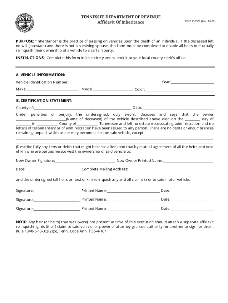 Fillable TENNESSEE DEPARTMENT of REVENUE General Affidavit  Form
