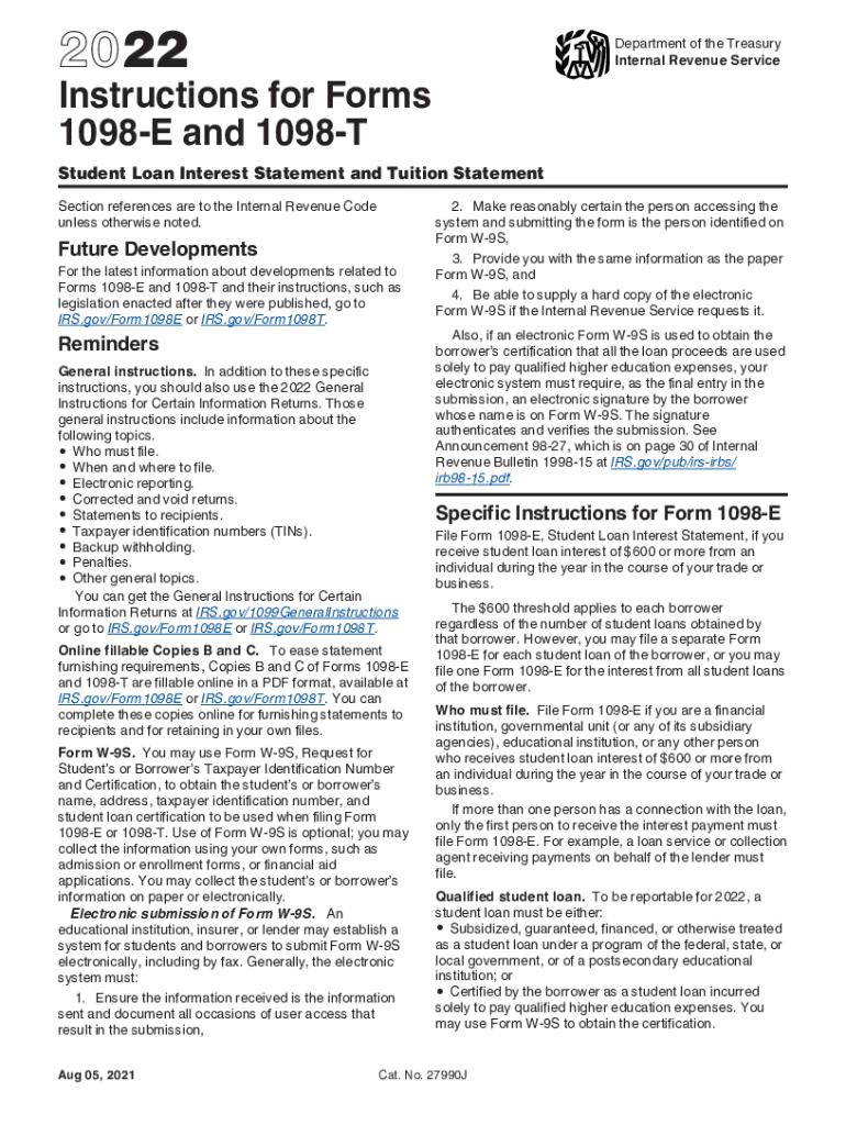  Internal Revenue Service Instructions for Forms 1098 E and 2022-2024