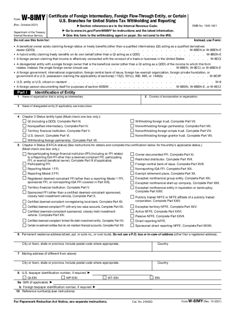  Form W 8 IMY Rev October Certificate of Foreign Intermediary, Foreign Flow through Entity, or Certain U S Branches for United St 2021-2024