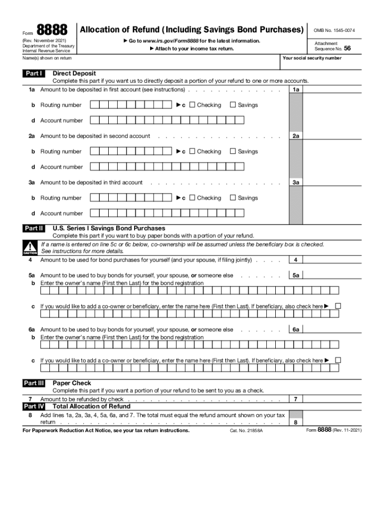  Form 8888 Rev November Allocation of Refund Including Savings Bond Purchases 2021