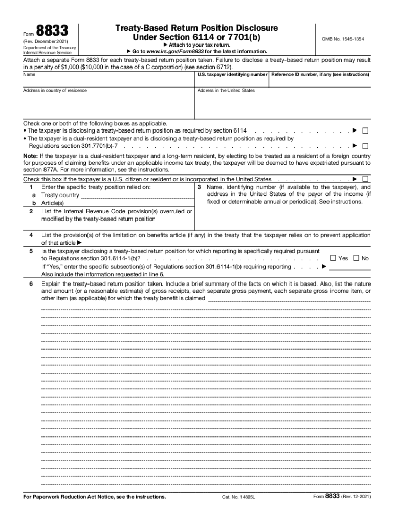  Form 8833 Fillable Treaty Based Return Position Disclosure 2021