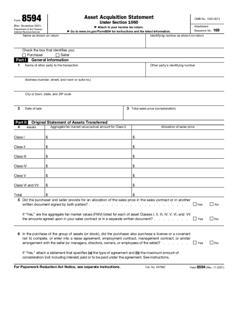 Form 8594 Rev November Asset Acquisition Statement under Section 1060