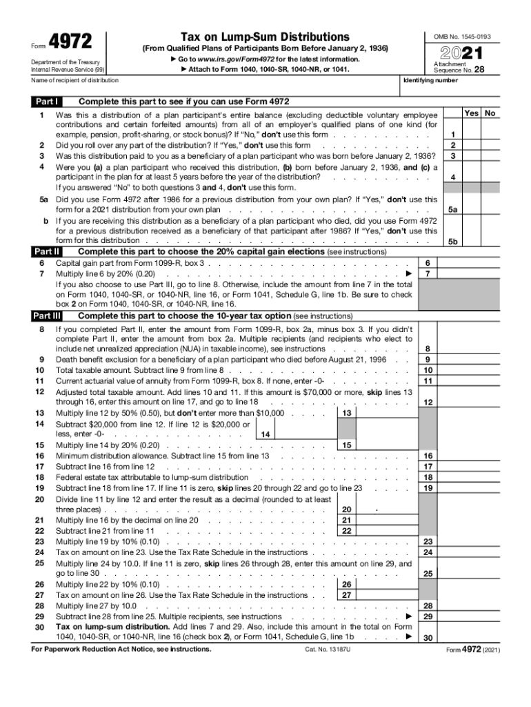  Form 4972, Tax on Lump Sum Distributions from Qualified 2021