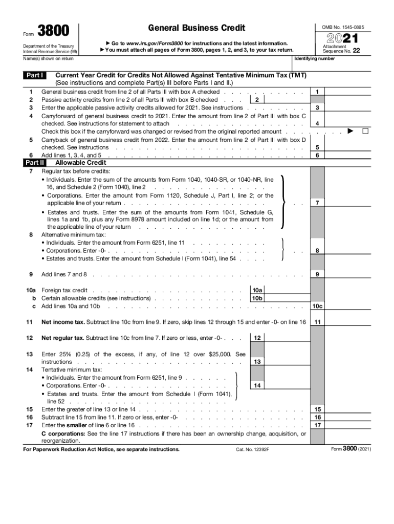  F3800 PDF Form 3800 General Business Credit Department 2021