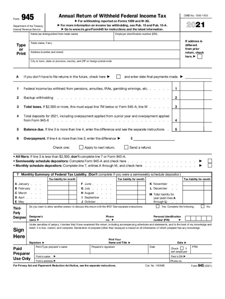  Form 945 X Instructions for Adjusted Annual Return of 2021