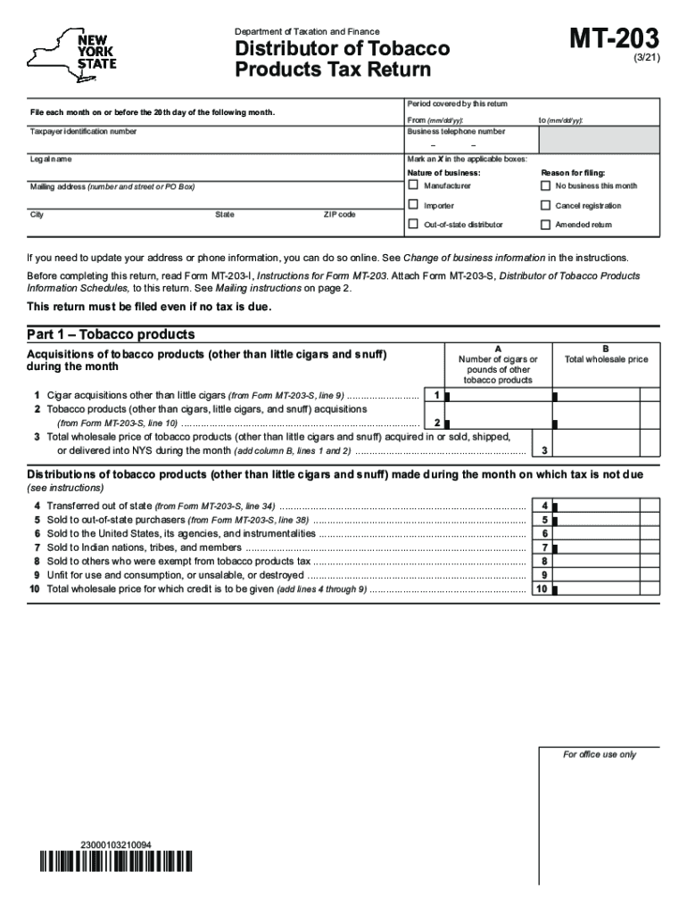 Form MT 203 Distributor of Tobacco Products Tax Return Revised 321