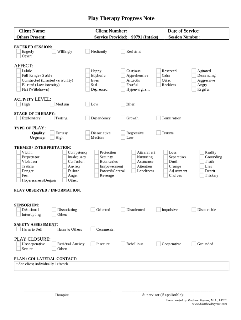Play Therapy Session Note Example  Form